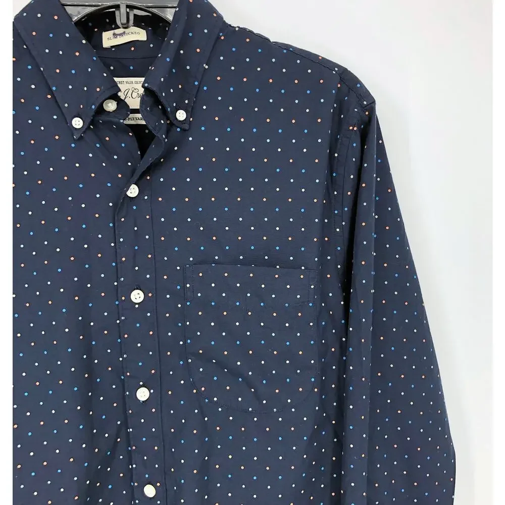 J.CREW Mens Slim Button Down Shirt Small Navy Blue Polka Dots Poplin BJ744 NWT